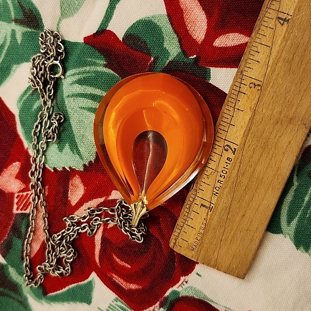 Vintage 60s or 70s orange and silver teardrop necklace retro pop art disco